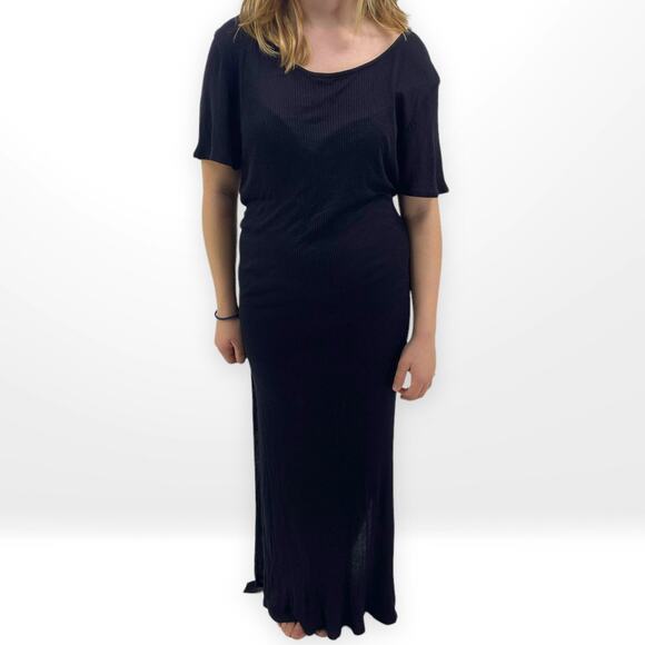 SAGE THE LABEL Open Back Black Boatneck Ribbed Knit Short Sleeve Maxi Slit Dress - Picture 1 of 7